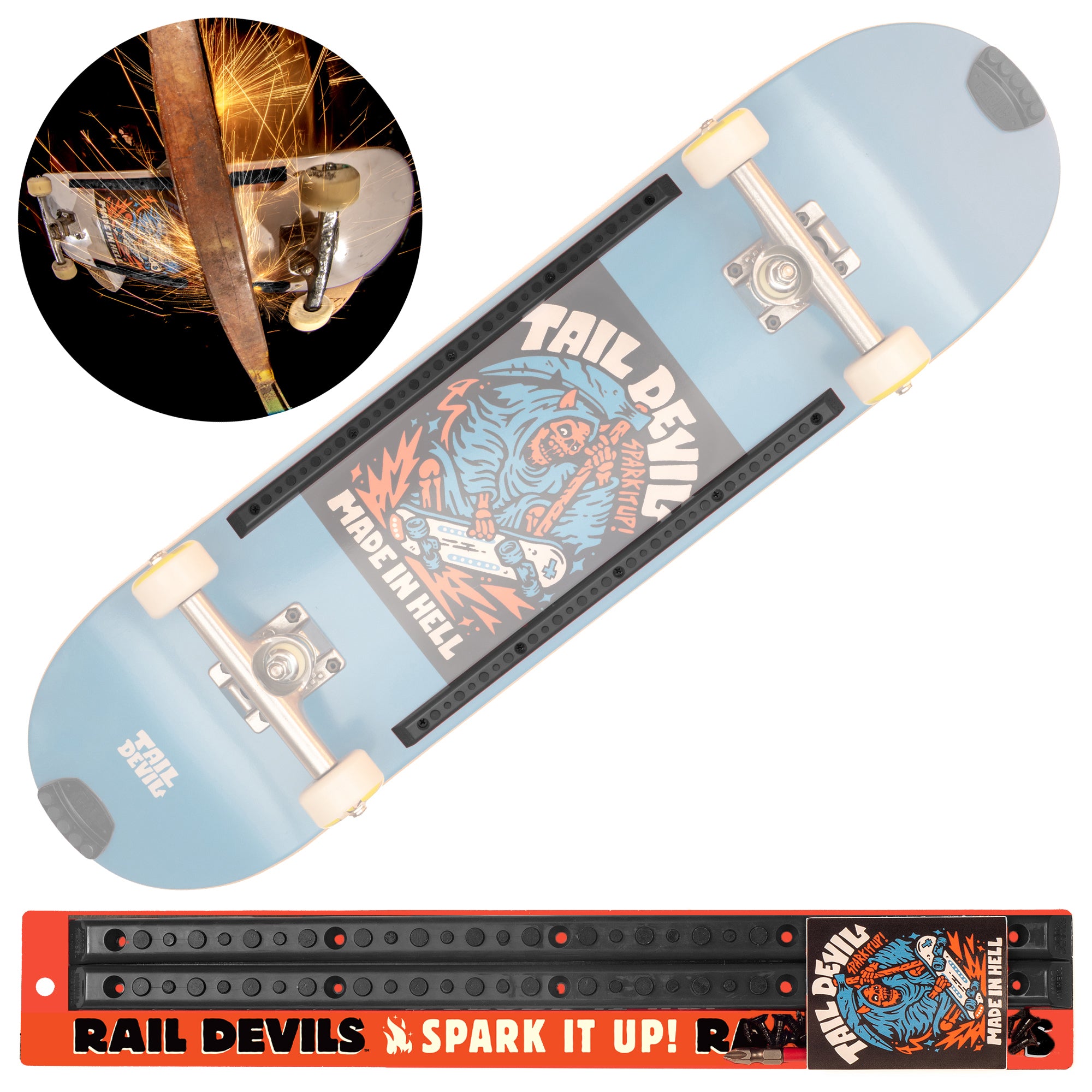 Rail Devils sparking skateboard rails by Tail Devil