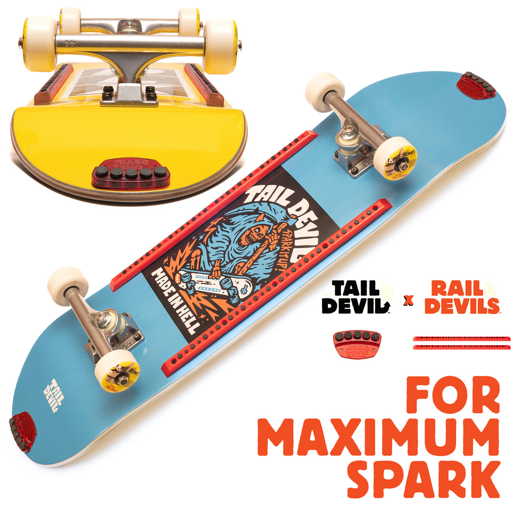 Rail Devils sparking skateboard rails by Tail Devil