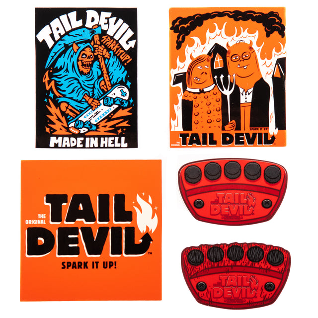 Collection of exclusive Tail Devil stickers made by skateboard artists