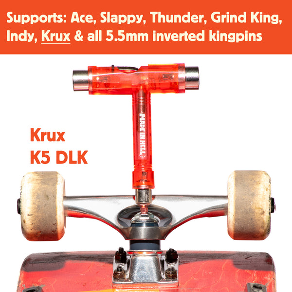 Hex Devil 5.5mm bit attached to a skate tool adjusting Krux K5 DLK inverted kingpin skateboard trucks