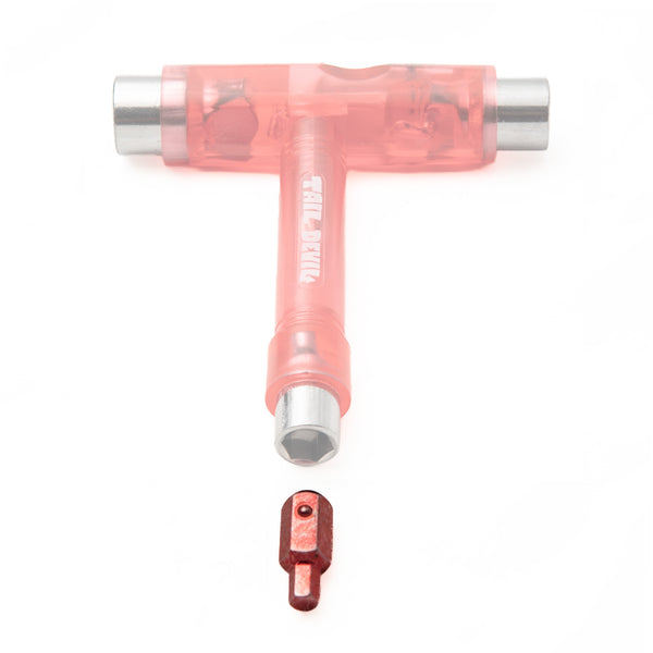 Diagram showing how the Hex Devil 5.5mm hex bit slots into a standard skateboard T-Tool 3/8 inch socket