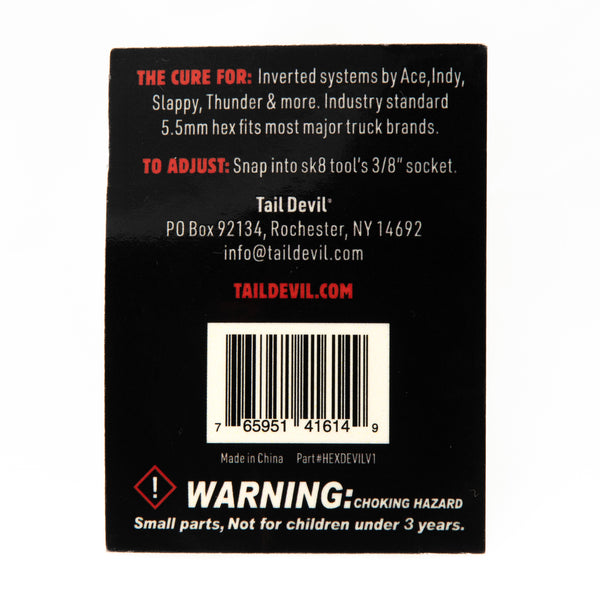 Back view of Hex Devil packaging card showing barcode, part HEXDEVILV1, and truck compatibility list for Ace, Independent, Slappy, Krux DLK, Thunder and Grind King