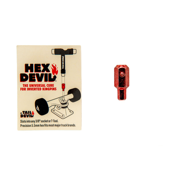 Hex Devil inverted skateboard kingpin tool kit shown with its printed product card and the red hex bit tool