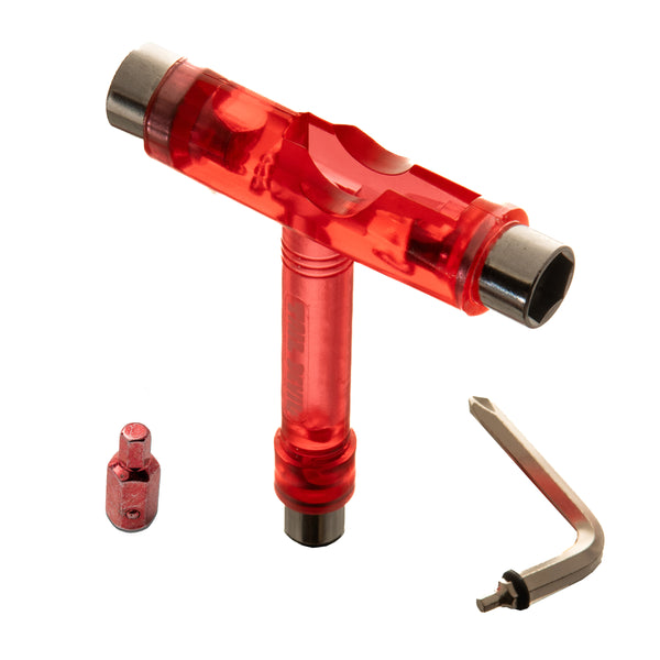 3D angled view of the red translucent Tail Devil skateboard T-tool with 5.5mm hex bit and L-key key components.