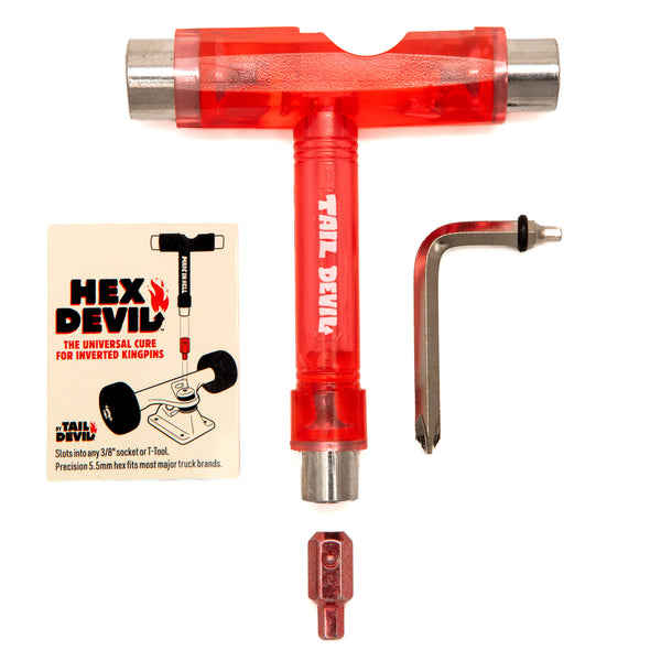 Tail Devil skateboard T-tool bundle featuring translucent red skate tool, L-key, and 5.5mm Hex Devil bit attachment for inverted kingpin trucks.