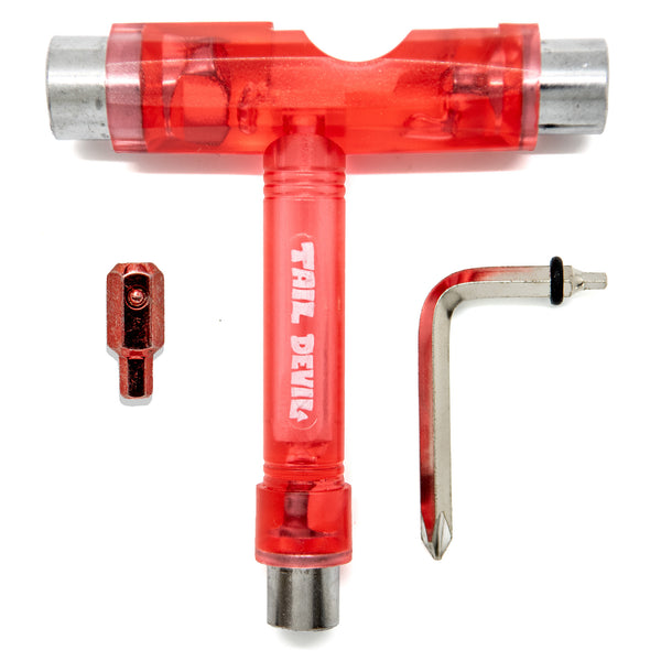 Tail Devil red skateboard T-tool bundle featuring translucent red handle, Allen Phillips key, and 5.5mm Hex Devil bit for inverted kingpins.
