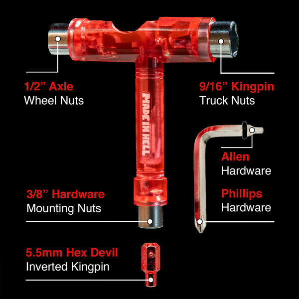 Infographic showing Tail Devil T-Tool features including 1/2 inch axle, 9/16 inch kingpin, 3/8 inch hardware sockets, L-key, and 5.5mm Hex Devil bit