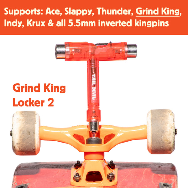 Tail Devil T-Tool and Hex Devil bit adjusting Grind King Locker 2 inverted kingpin skateboard trucks