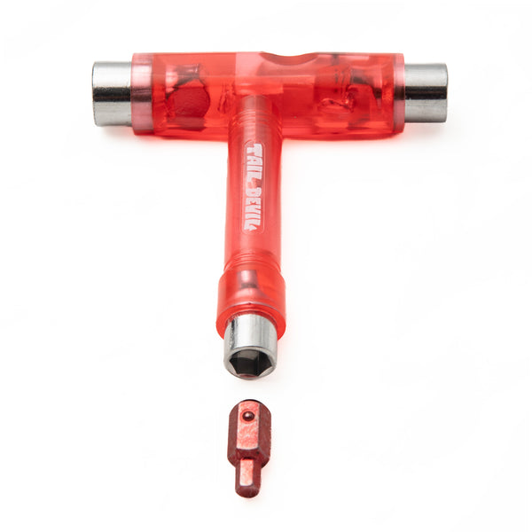 Tail Devil translucent red skateboard T-tool positioned above the red Hex Devil 5.5mm inverted kingpin hex bit on a clean white background.
